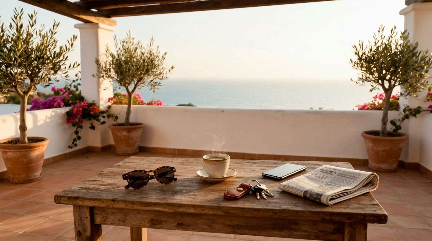 Peaceful Mediterranean terrace overlooking the sea in southern Spain